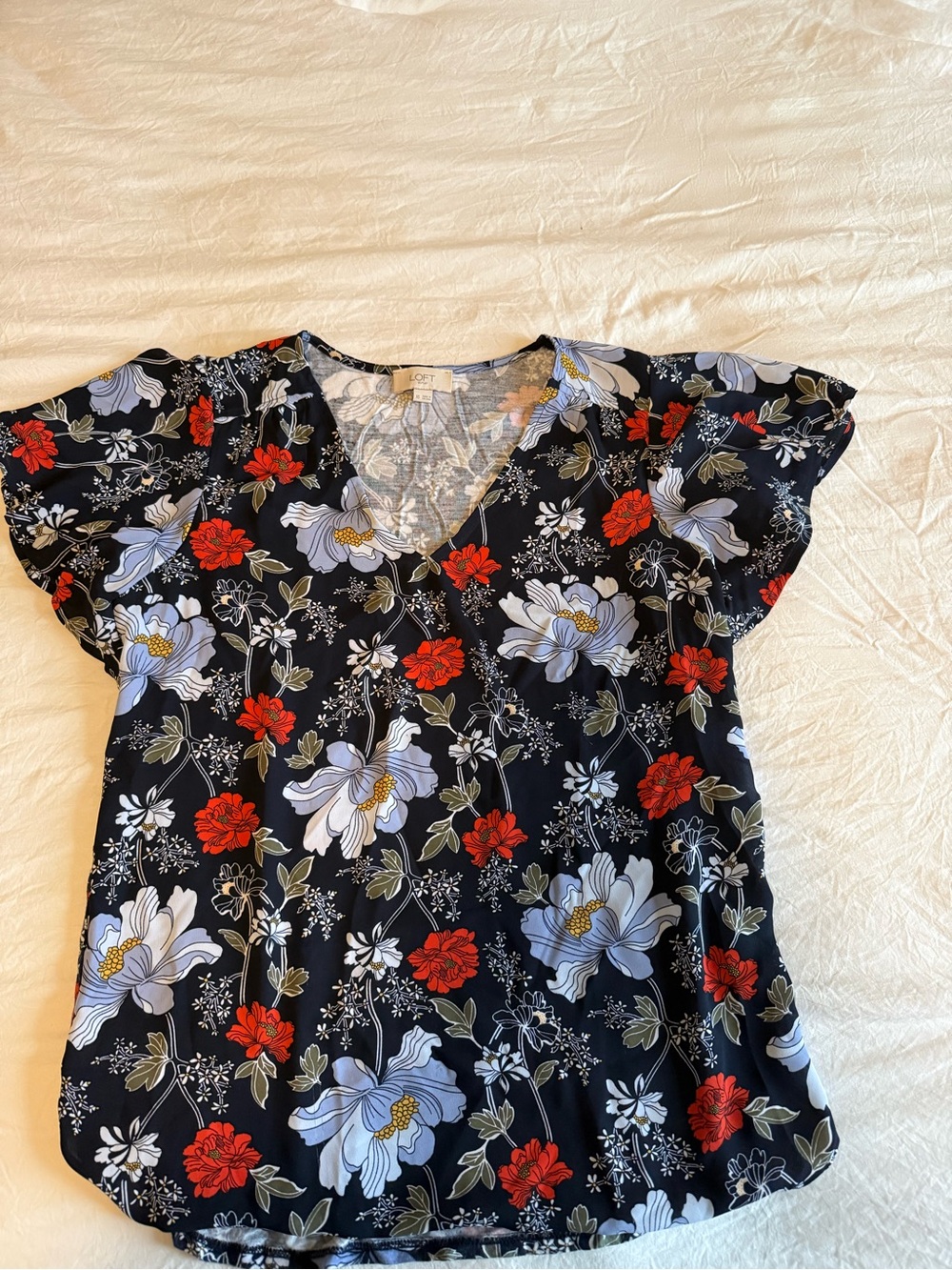 LOFT Black Floral V-Neck Blouse with Red and Light Blue Flowers